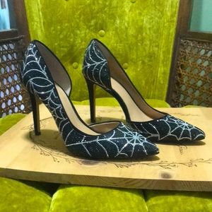Sequin spiderweb pointed toe heels